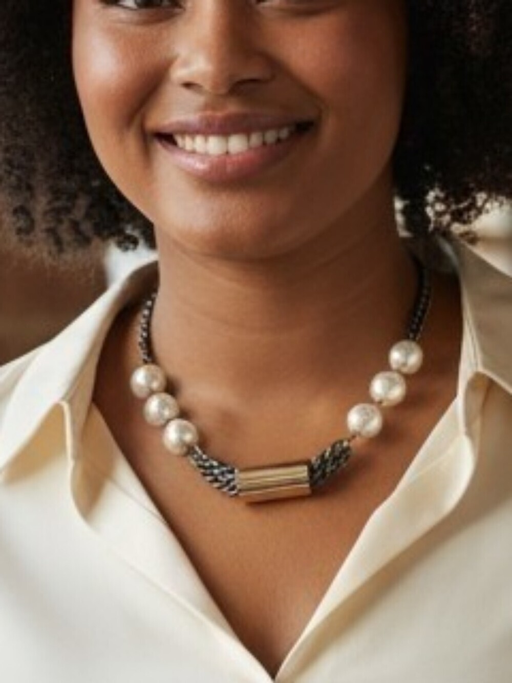 Black Chain Faux Pearl & Goldtone Statement Necklace